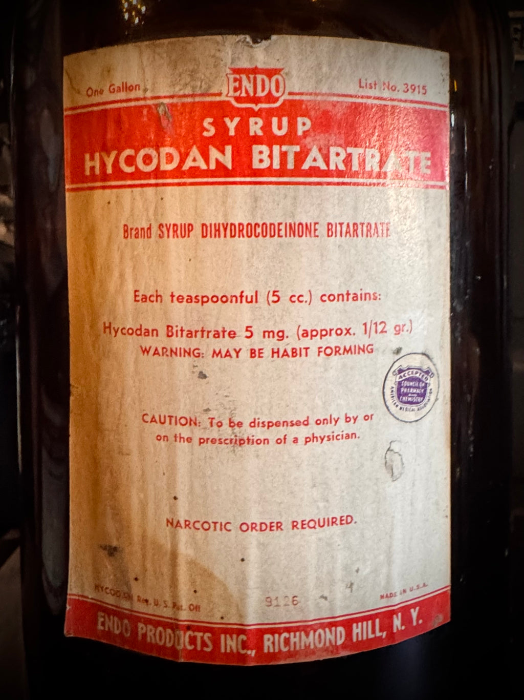 Hycodan Bitartrate - Codeine Apothecary Bottle