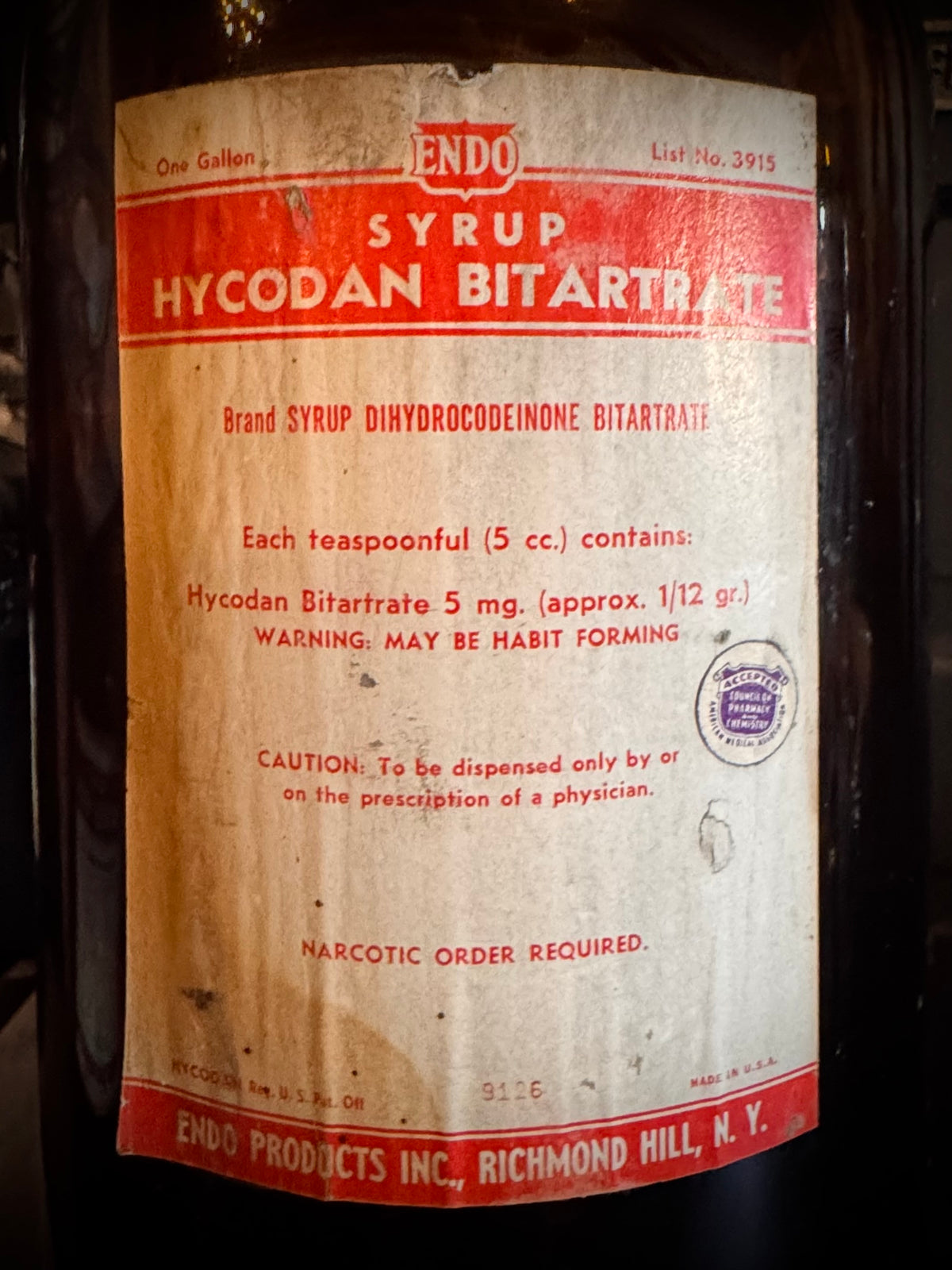Hycodan Bitartrate - Codeine Apothecary Bottle
